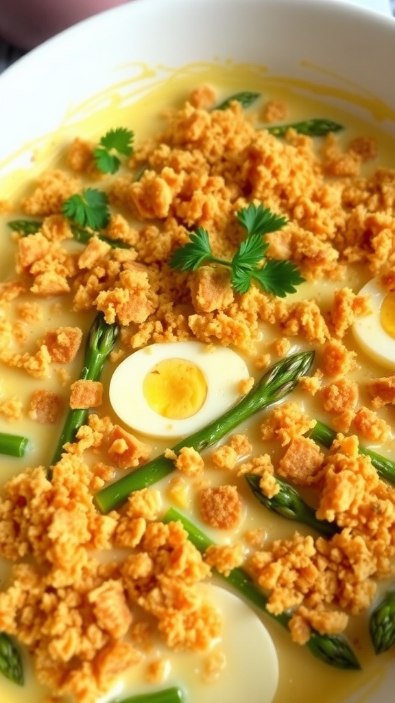 A cheesy asparagus casserole with boiled eggs, topped with golden cracker crumbs, served in a rustic kitchen setting.